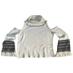 Venus Cold Shoulder Turtleneck Sweater Womens Bell Sleeves w/Fringe Ivory Size S